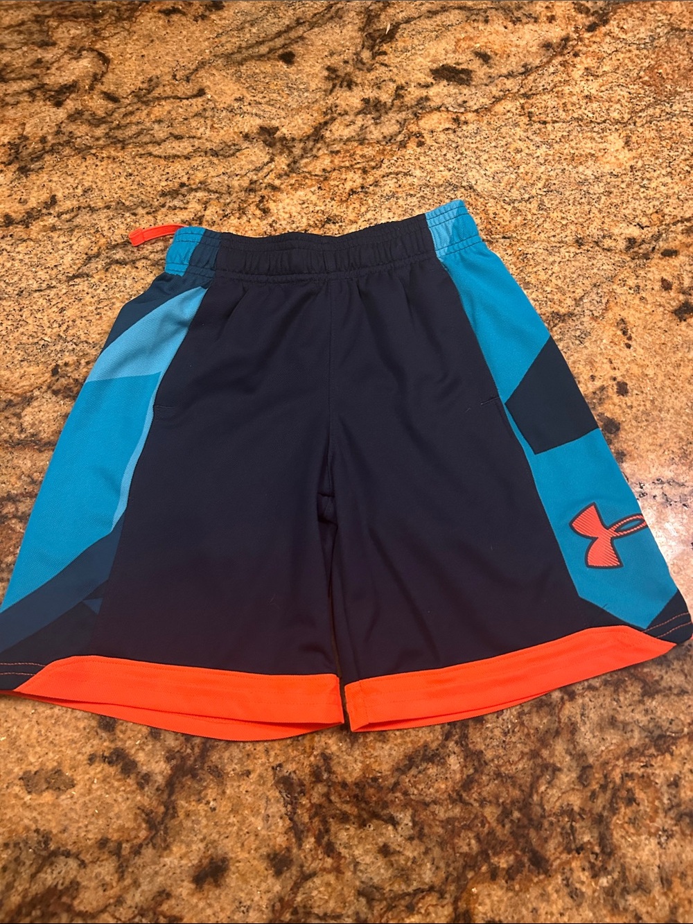 Under Armour Navy Athletic Shorts with Teal Panels & Orange Trim